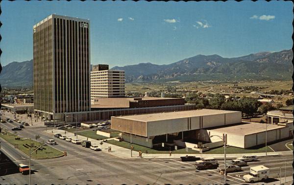 View of Penrose Public Library, Holly Sugar Building, May-D&F Dept Store, Antlers Plaza Hotel Colorado Springs