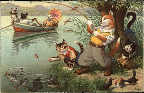 Cats fishing and rowing in a river Eugen Hurtong