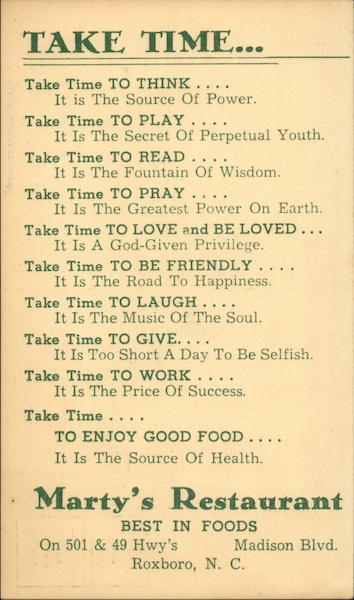 Take Time - Marty's Restaurant Roxboro North Carolina