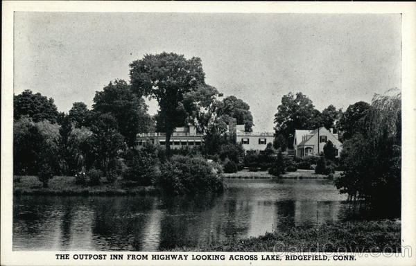 The Outpost Inn from Highway across Lake Ridgefield Connecticut