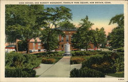 High School and Burrett Monument, Franklin Park Square Postcard