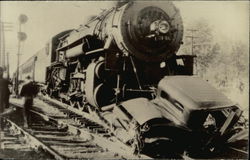 Car Crushed by Train on Railroad Tracks Postcard