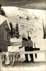 Two People on Skis near Ski Slope Skiing Postcard Postcard Postcard