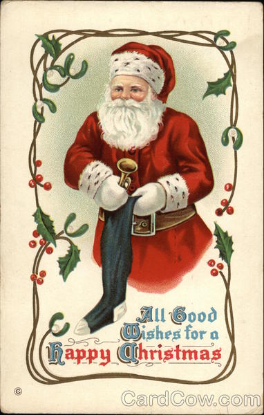 Santa with Horn and Stocking Santa Claus