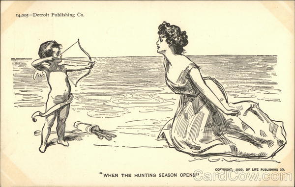 Etching of Cupid pointing bow with arrow at woman