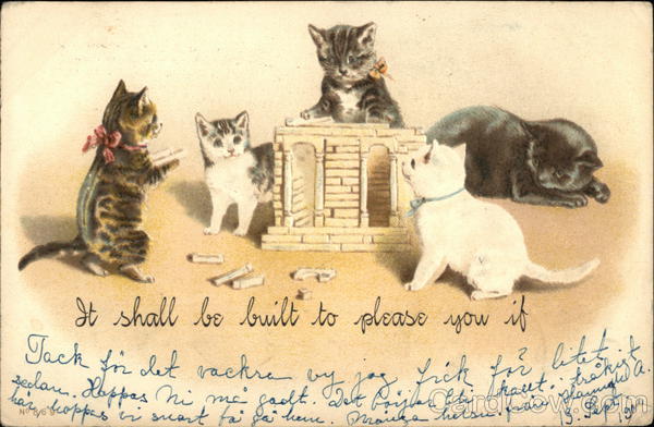 Kittens with minitaure building Cats