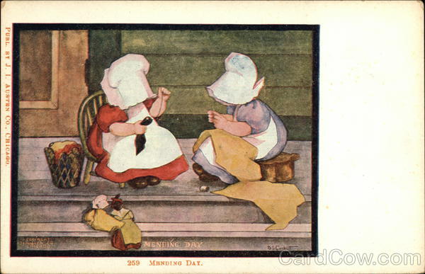 Mending Day: Two Women in Bonnets Mending on a Porch