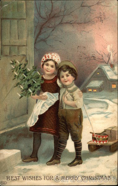 Best Wishes for a Merry Christmas - Children with Tree and Sled
