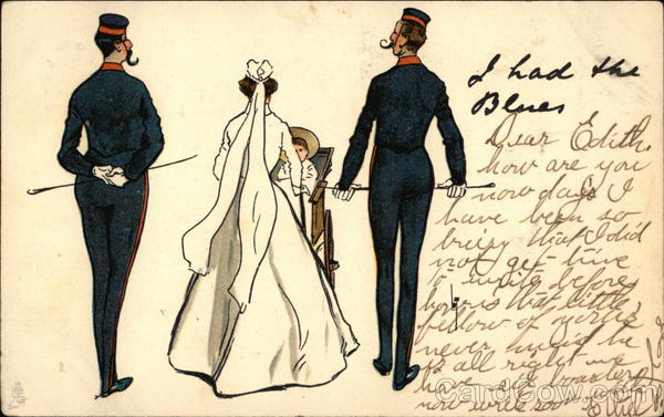 Nurse Pushing Baby in Carriage With Two Men in Uniform