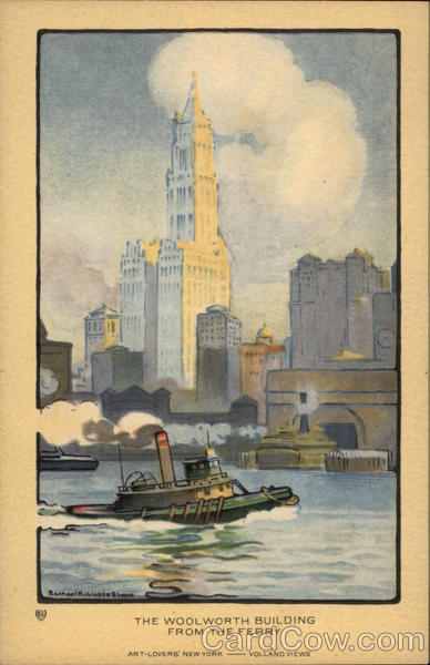 New York City, Painted view of Woolworth Building From the Ferry