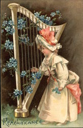 Remembrance - Girl with Harp and Forget-me-nots Girls Postcard Postcard Postcard