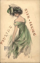 Drawing of Young Woman in Green Dress Postcard