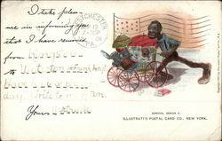 Man pushing Baby Carriage full of Junk Black Americana Postcard Postcard Postcard