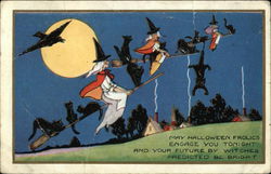 Witches Flying on Broomsticks with Black Cats, Full Moon Postcard