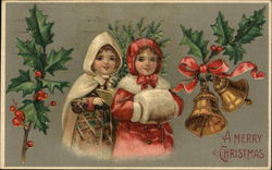 Two Girls Dressed for Winter, Holly, Bells Postcard