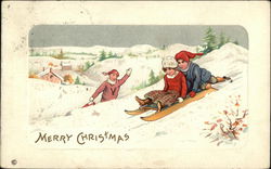 Merry Christmas - Children and Sled Postcard