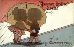 Silhouette of Two Children Holding Hands Under Umbrella Postcard