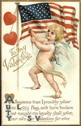 To My Valentine - Cupid Flying American Flag Postcard