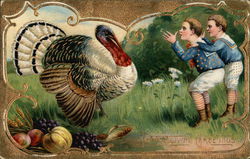 Turkey and Two Boys Turkeys Postcard Postcard Postcard