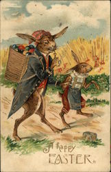 Rabbits Wearing Clothing Carrying Eggs Postcard