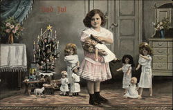 Little Girl with Dolls and Miniature Christmas Tree Postcard