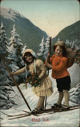 Two Children on Skis atop Mountain Swedish Postcard