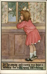 Little Girl Watching Bird Out Window Postcard