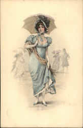 Woman in Blue Dress with Parasol Women Postcard Postcard Postcard