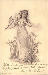Drawing of Girl Holding Lilies Postcard