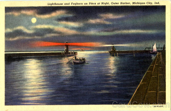 Lighthouse And Foghorn On Piers At Night Michigan City Indiana
