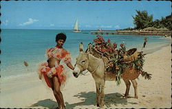 Woman and Burro on Beach Postcard