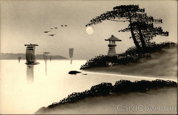 Japanese painting of a Harbor - Lacquered Art