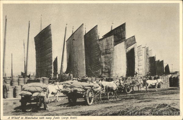 A Wharf in Manchukuo with Many Junks (Cargo Boats) China