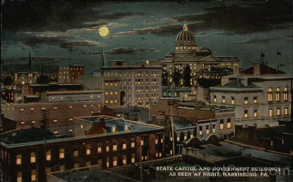 State Capitol and Government Buildings as Seen at Night Harrisburg Pennsylvania