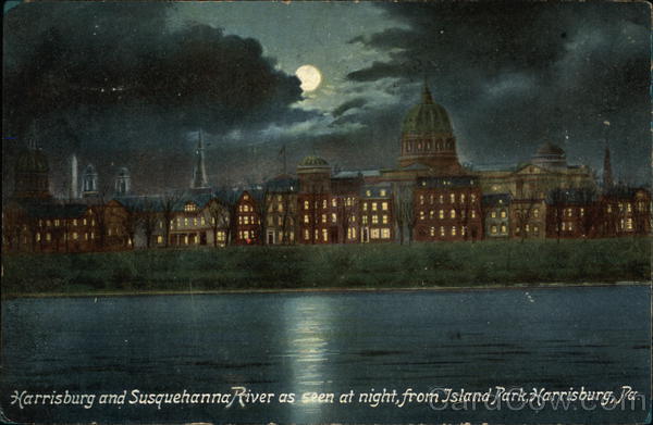 City and Susquehanna River as Seen at Night, From Island Park Harrisburg Pennsylvania
