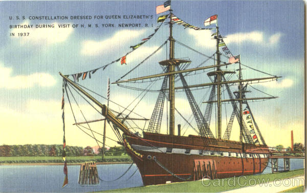 U. S. S. Constellation Dressed For Queen Elizabeth's Birthday During Visit Of H. M. S. York Newport Rhode Island