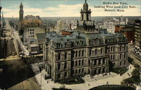 Birds Eye View Looking West from City Hall Detroit Michigan
