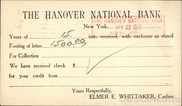 The Hanover National Bank Receipt New York