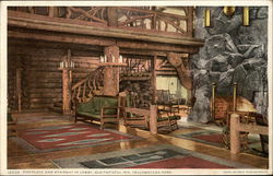 Fireplace and Stairway in Lobby, Old Faithful Inn Postcard