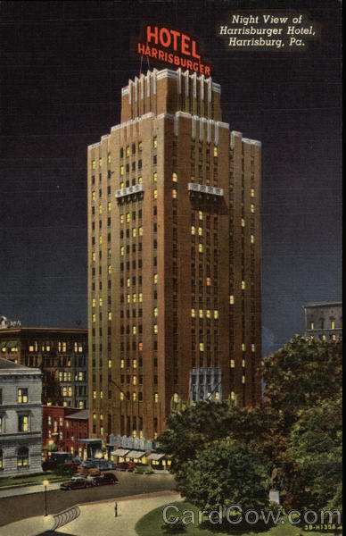 Night View of Harrisburger Hotel Pennsylvania Postcard