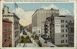 Walnut St. Showing Penn Harris Hotel, Columbus Hotel and Post Office Postcard