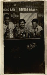Three People at Wood Bar Revere Beach, MA Postcard Postcard Postcard