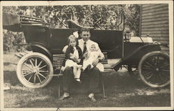 Dad and Kids Posing by Old Touring Car Cars Postcard Postcard Postcard