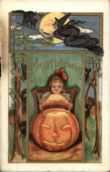 Witch, Black Cats and Conjurer Over Lantern Halloween