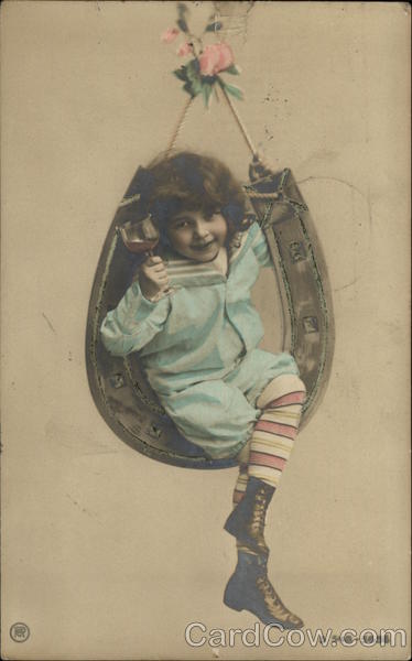 Girl in Swing Holding Glass Children