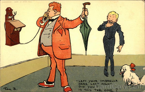 Man on Telephone Holding Umbrella Tom Browne Telephones