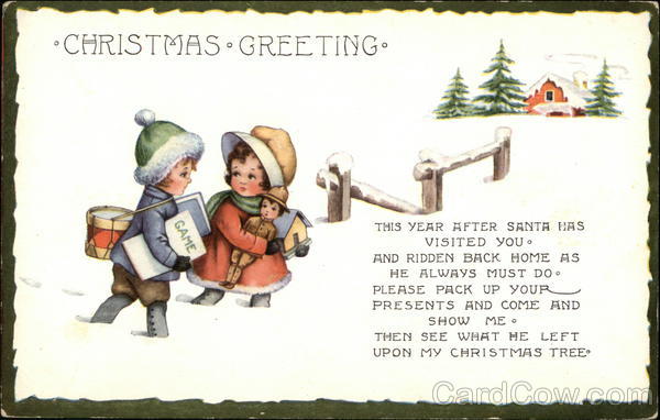 Christmas Greeting Two Children with Toys in Snow