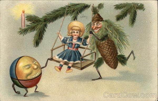 Christmas Ornament and Pine Cone with Faces Pushing Girl on a Swing