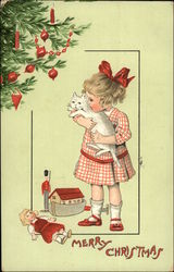 Merry Christmas - Girl with Kitten and Toys Postcard
