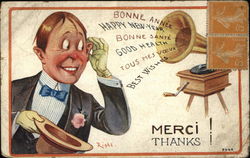 Man Listening to Best Wishes from Phonograph Postcard